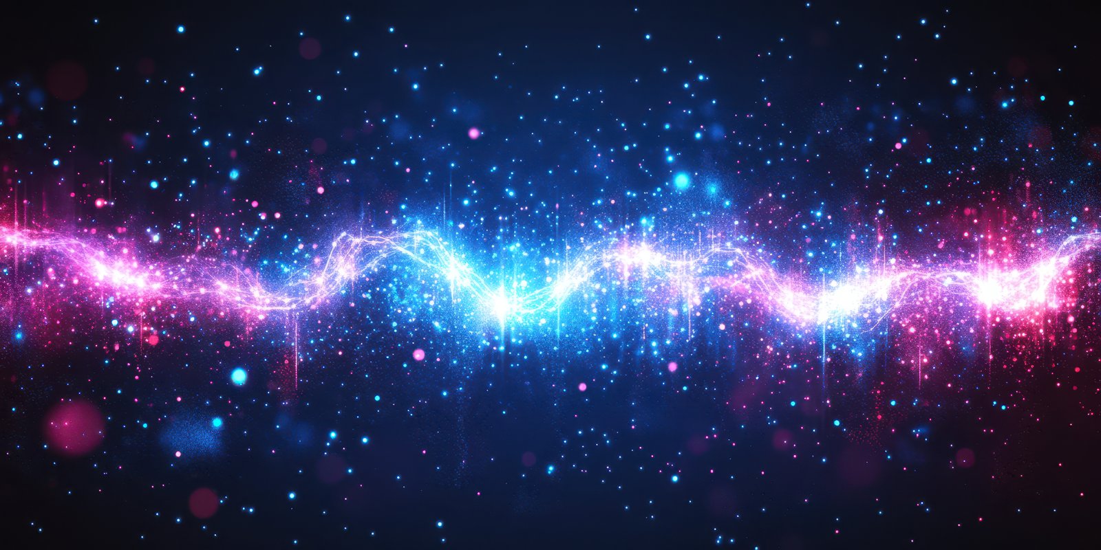 Vibrant cosmic waves of blue and pink light glowing in the dark background create an ethereal atmosphere in the universe